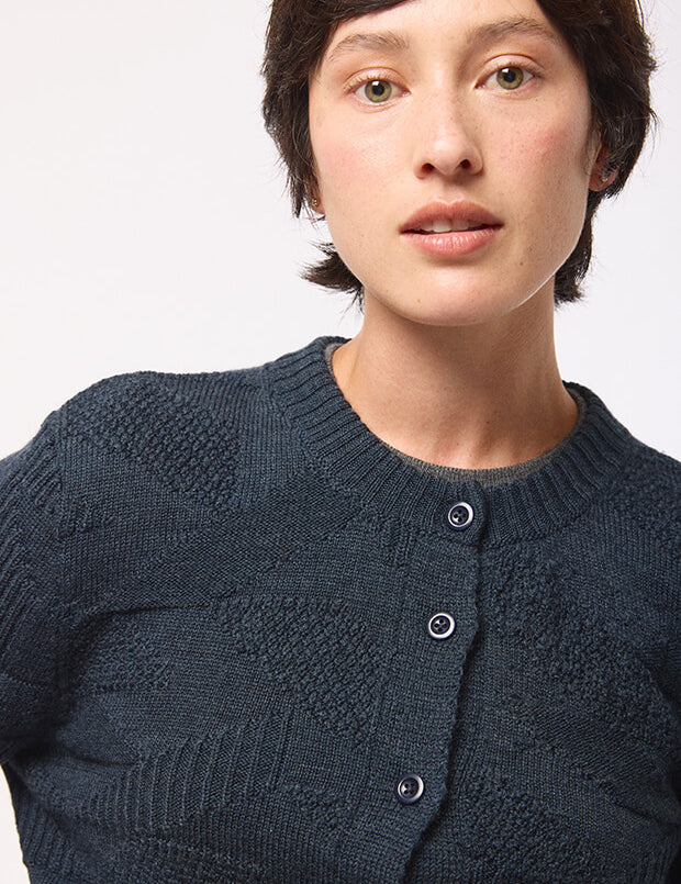 Soar Merino Wool Textured Stitch Cardigan Indigo