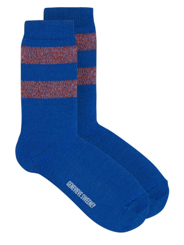 Samar Stripe Merino Wool Socks Blue with orange and grey marl stripe Genevieve Sweeney