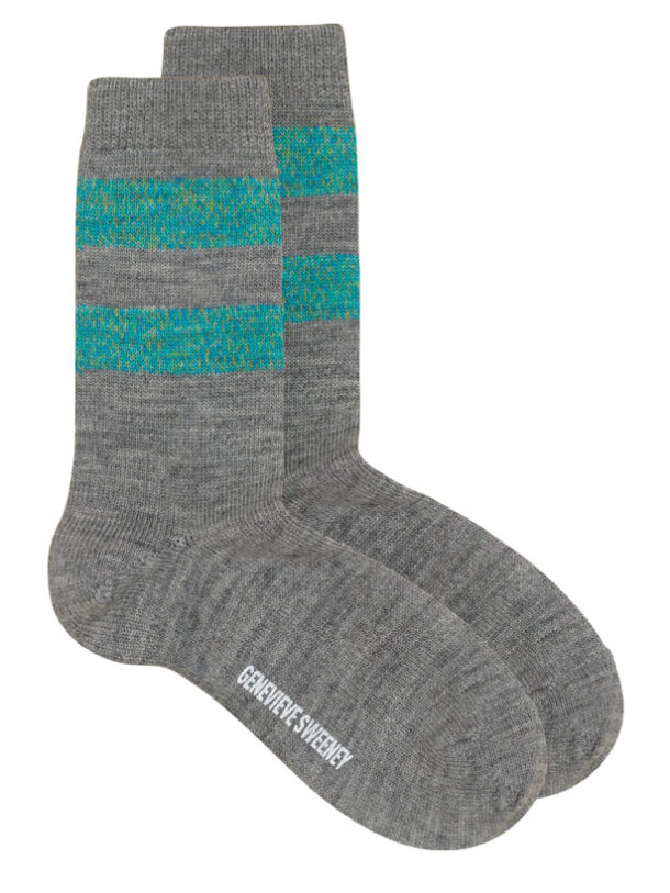 Samar Stripe Merino Wool Socks Grey with lime and turquoise marl stripe Genevieve Sweeney