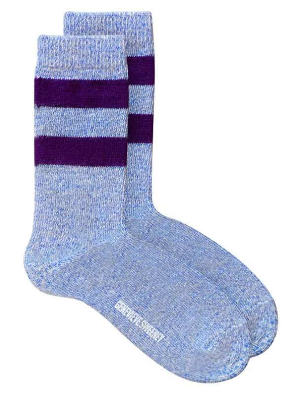 Salpaka Merino Wool Alpaca Marl Socks Blue with two purple stripes Genevieve Sweeney