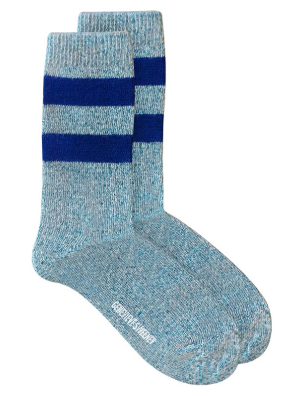 Salpaka Merino Wool Alpaca Marl Socks Jade with two blue stripes Genevieve Sweeney