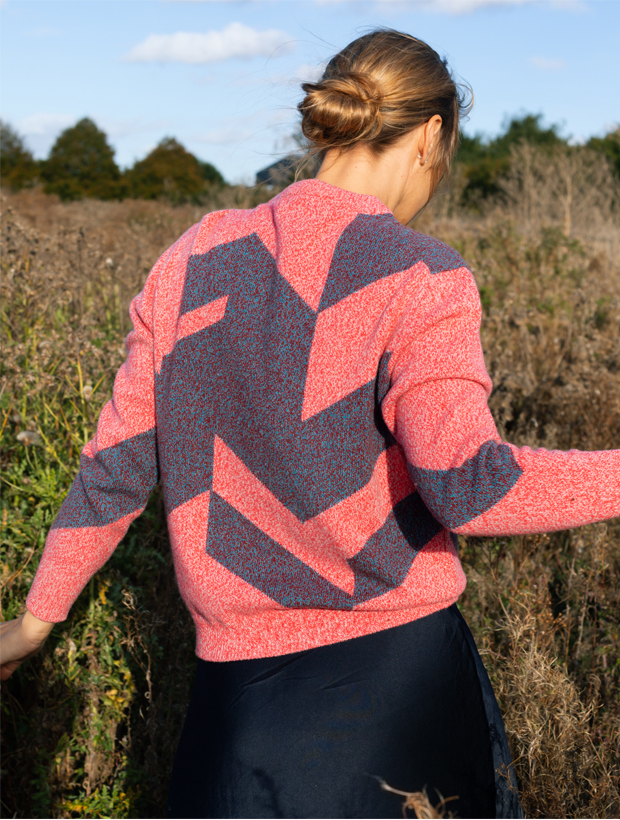 Back of Leyden Geometric Lambswool Sweater Pink Genevieve Sweeney