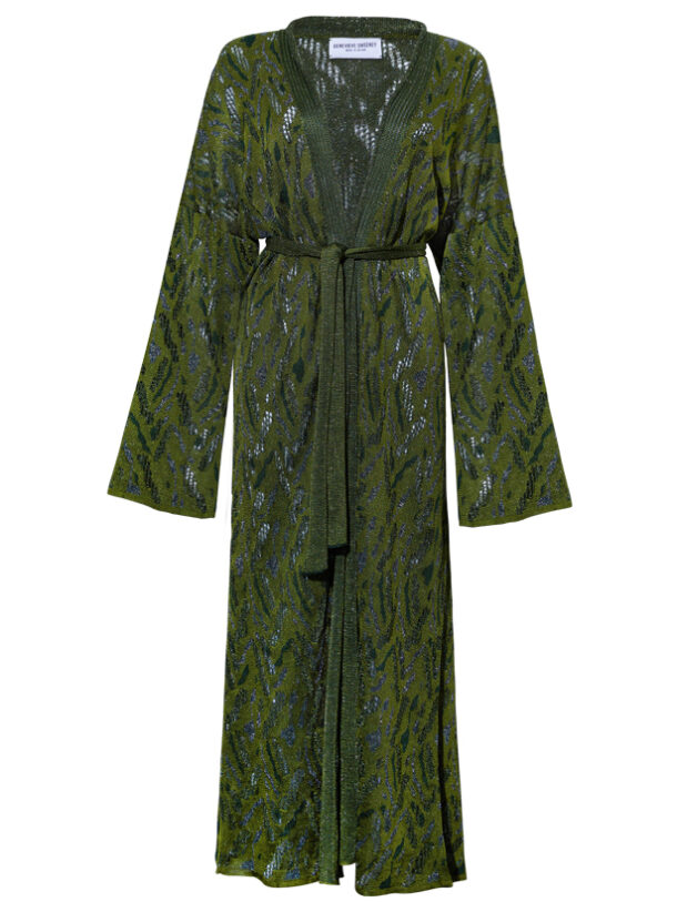 Aster Jacquard Lace Knitted Long Cardigan Olive Genevieve Sweeney